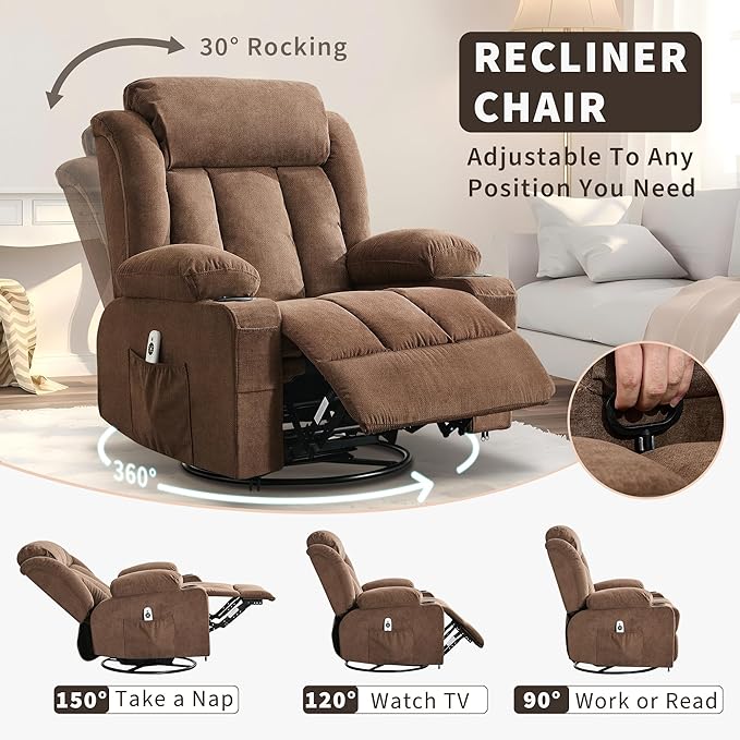 Power 360° Swivel Rocker Recliner with Heat and Massage Oversized Electric Rocking Chair for Big and Tall People with 2 Cup Holders Side Pockets Remote Control USB Charging Port, Brown