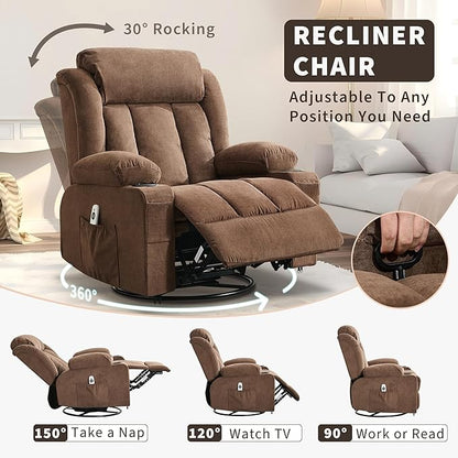 Power 360° Swivel Rocker Recliner with Heat and Massage Oversized Electric Rocking Chair for Big and Tall People with 2 Cup Holders Side Pockets Remote Control USB Charging Port, Brown