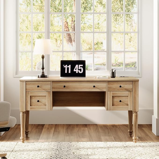 WAMAPT Farmhouse Executive Desk with 5 Drawers, Home Office Desk with Charging Station, Wood Computer Desk with File Cabinet Storage, Door, Open Shelf for Work and Study, Oak, 55 inch