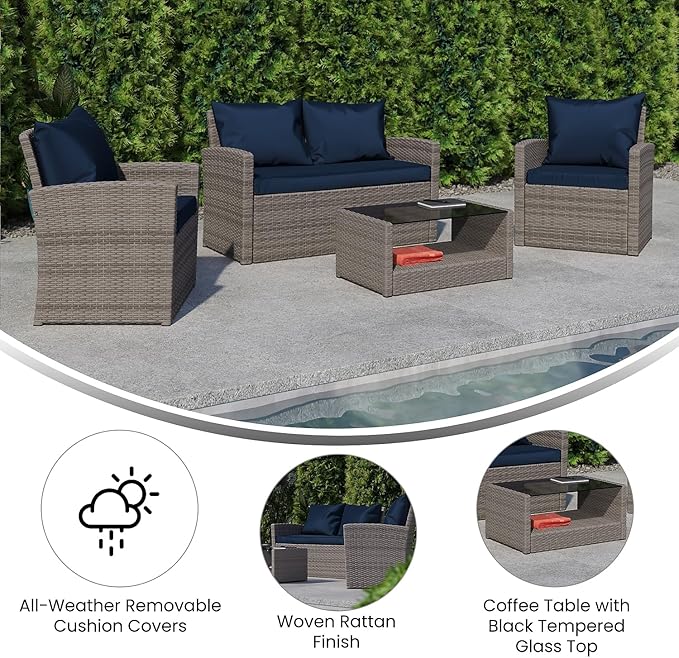 Flash Furniture Aransas Series 4 Piece Light Gray Patio Set with Navy Back Pillows and Seat Cushions