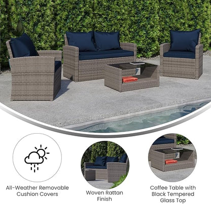 Flash Furniture Aransas Series 4 Piece Light Gray Patio Set with Navy Back Pillows and Seat Cushions
