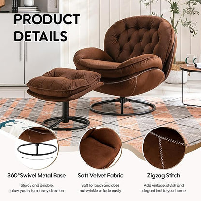 360° Swivel Modern Velvet Accent Chair with Ottoman | Mid-Century Button Tufted Lounge Chair for Living Room & Bedroom, Brown
