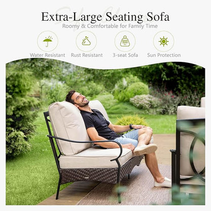 Sophia & William Patio Furniture Set with Fire Pit Table, 5 PCS Metal Outdoor Conversation Set with Fire Pit Table, 4 Sofa Chairs, 3-Seater Couch for Outdoor Seating, Backyard, Porch(Beige)