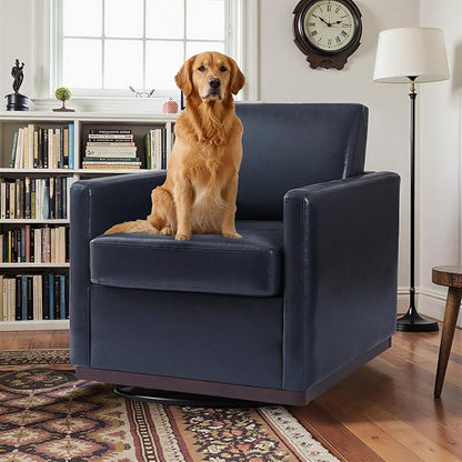 Pia Ricco Single Swivel Barrel Chair, Modern Accent Armchair in Easy-Clean PU Leather, Mid-Century Style for Living Room or Home Office, Navy