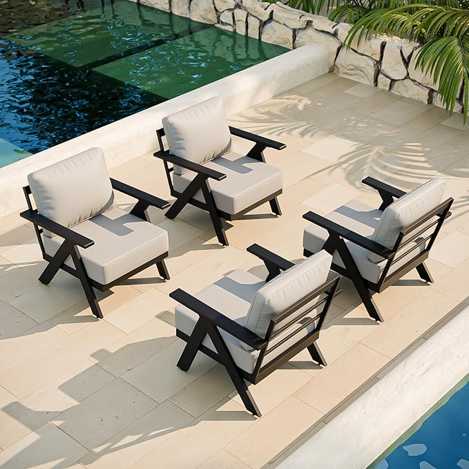 COOS BAY Iron Luxe Modern Outdoor Patio Chairs Set of 4, Lounge Accent Chairs for Backyard, Deck, Porch, Garden, Black/Beige