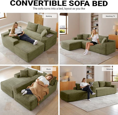 108 Inch Cloud Sectional Couch,Modern Modular Sectional Sofa with Deep Seat,Corduroy Boneless Couches with L-Shape Chaise for Living Room,No Assembly Required (Green, Left Facing Chaise + Ottoman)