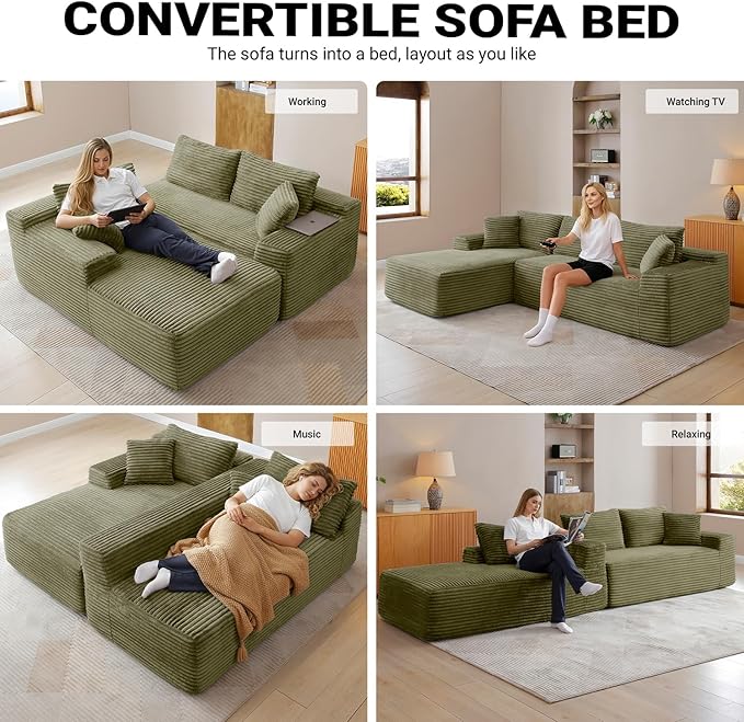 95 Inch Cloud Sectional Couch,Modular Sectional Sofa with Deep Seat,Modern Corduroy Boneless Couches with L-Shape Chaise for Living Room Bedroom,No Assembly Required (Green, Left Facing Chaise)