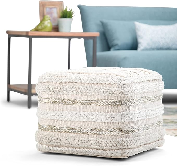 SIMPLIHOME Sommer Boho Square Pouf in Natural Handloom Woven Pattern for the Living Room, Bedroom and Kids Room