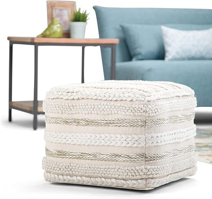SIMPLIHOME Sommer Boho Square Pouf in Natural Handloom Woven Pattern for the Living Room, Bedroom and Kids Room