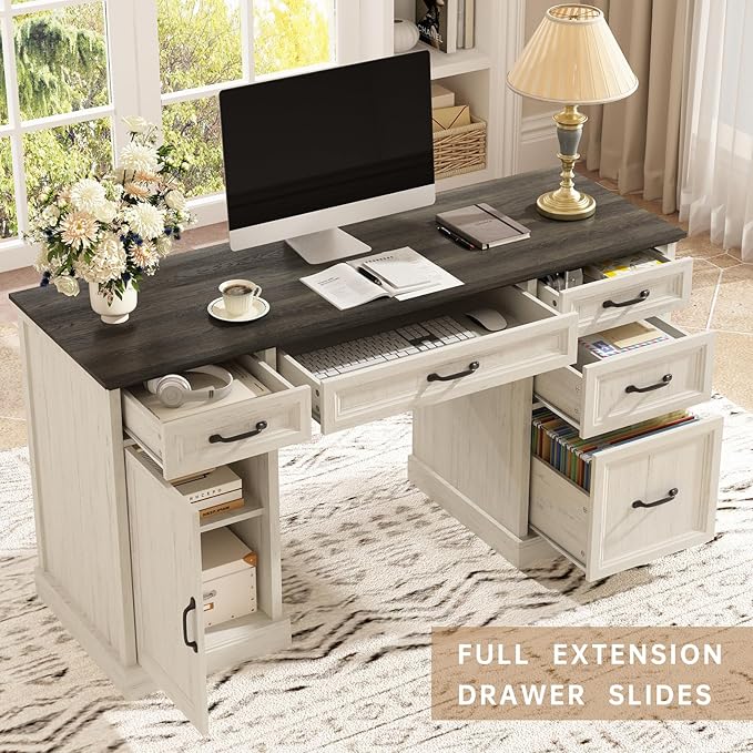 CARPETNAL 58'' Farmhouse Executive Desk with Drawers, Home Office Desk with File Drawer and Storage Cabinet, Rustic Computer Desk for Working, Studying, Writing, White