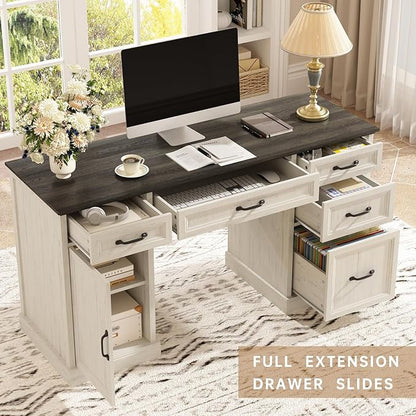 CARPETNAL 58'' Farmhouse Executive Desk with Drawers, Home Office Desk with File Drawer and Storage Cabinet, Rustic Computer Desk for Working, Studying, Writing, White