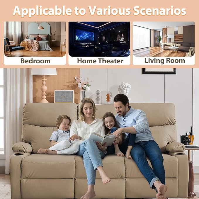 3-Seater Manual Seater Reclining Anti-Scratch 3 Seat Reclining Sofa with Side Pocket and Cupholders Reclining Loveseat Sofa for Living Room Meeting Room Bedroom Office Apartment
