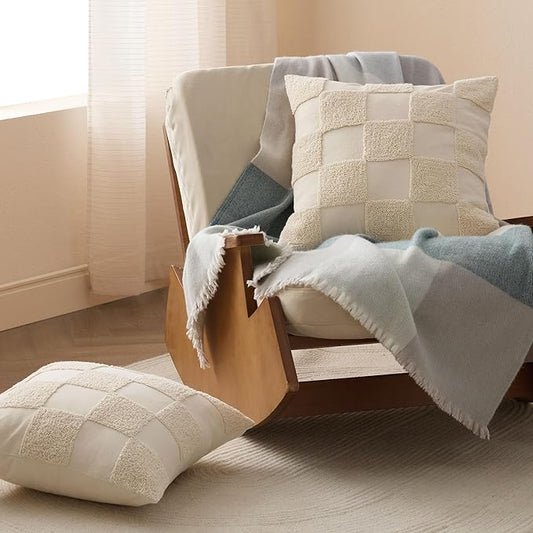 Double Stitch 100% Cotton Throw Pillow Covers - Checkered Tufted Boho Decorative Pillow Covers 20x20, Made in India, Square Cushion Case, Modern Home Decor for Couch, Sofa, Living Room, Beige