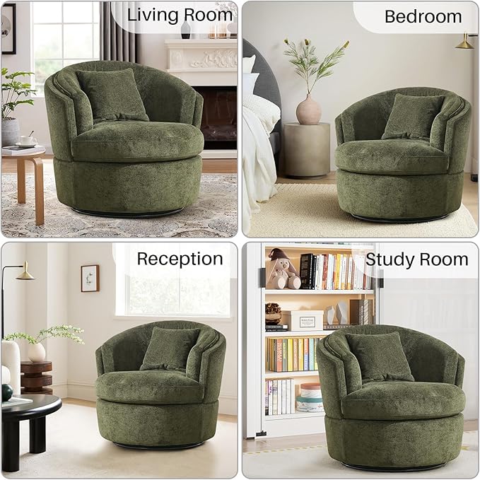 Swivel Accent Chair, 360 Degree Round Swivel Barrel Chair with Pillow, Widened Upholstered Comfy Barrel Armchair for Living Room Bedroom Reading Room, Green
