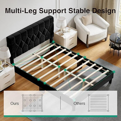 Novilla Queen Bed Frame with Headboard, Bed Frame Queen Size with Wood Slats Support, Velvet Upholstered Pull-Point Headboard, No Box Spring Needed, Heavy Duty Feet, Easy Assembly, Black Velvet