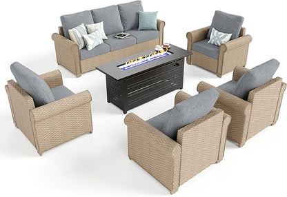 Patio Furniture Set 6 pcs, Wicker Rattan Outdoor Furniture with 5.5” Thick Cushions, 3-Seat Sofa, 4 Chairs and 56" Fire Pit Table, Outdoor Conversation Set for Garden Backyard Deck, 7 Seats Grey