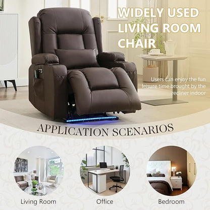 Power Recliner Chair with Heat and Massage, PU Leather Recliner Chair with Cup Holder, Reclining Sofa Home Theater Seating with LED Ambient Light, Side Pockets for Living Room and Bedroom, Brown