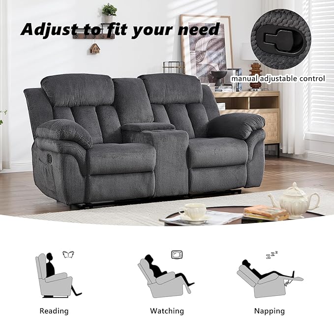 CANMOV Recliner Sofa Set, Manual Recliner Loveseat with Overstuffed Armrest for Living Room,Bedroom Furniture,Office,2 Seat Grey