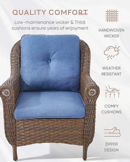 3 Piece Patio Brown Wicker Chairs with Side Table - Outdoor High Back Heavy Duty All-Weather Lawn Dining Rattan Chair Conversation Bistro Set for Deck Porch Balcony Backyard Garden - Navy Blue