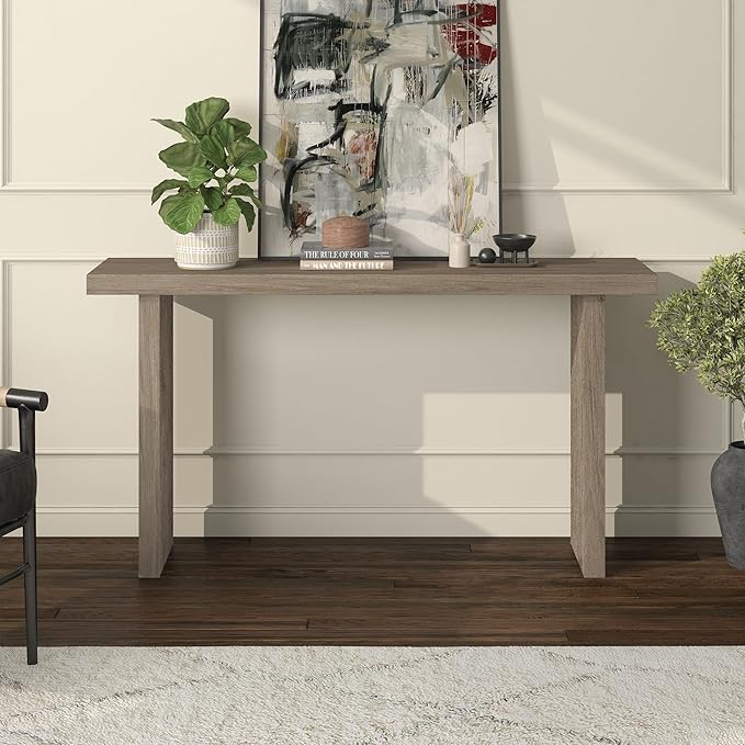 Henn&Hart 55'' Wooden Rectangular Fluted Console Table Entryway Table, Sofa Table for Entryway, Living Room, Couch, Hallway, or Office, Antiqued Gray Oak