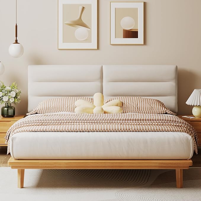 King Size Velvet Headboard Foldable Panels Backboard, Upholstered California King Head Board for Bedroom Adjustable Height from 42" to 56"-Ivory