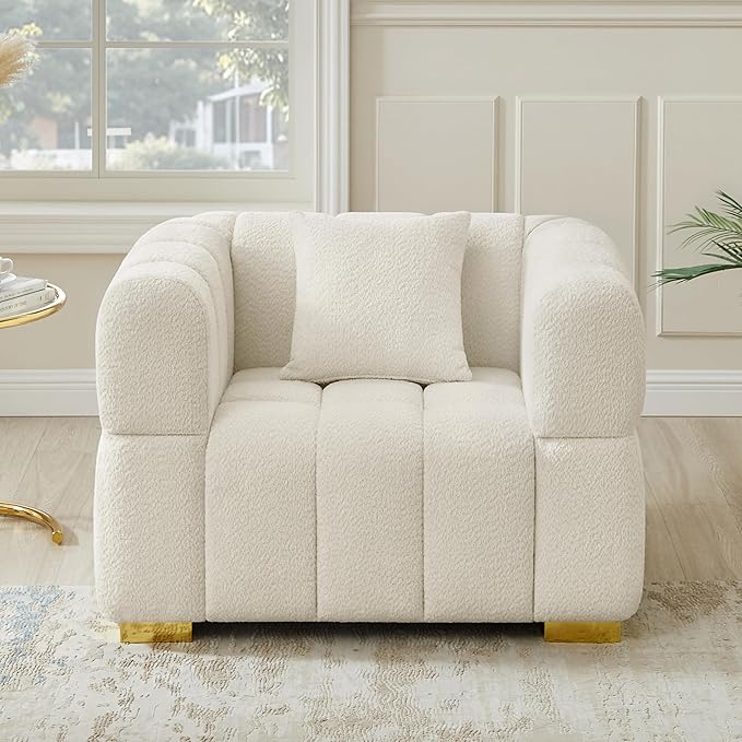 VANOMi 44.09”Oversized Accent Chair, Boucle Arm Chair with Deep Seat, Comfy Reading Chair for Living Room, Bedroom, Office, Apartment, White (1 Piece)