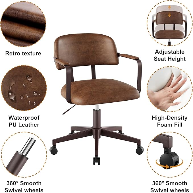 Home Office Desk Chair, Mid-Century Style Desk Chair with Padded Arms, Adjustable Seat Height, Mid Back 360° Small Computer Chair with Mobile Mute Wheel, PU Leather (Brown)