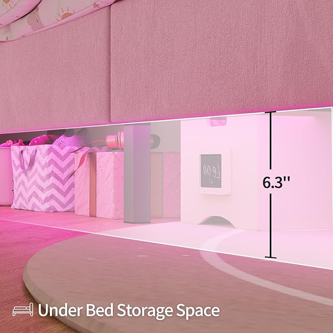 Twin Bed Frames with Storage Headboard,Power Outlet, LED Lights,Velvet Upholstered Platform Bed Twin for Kids, Pink Bed Frame with 5 Storage Shelves for Girls, No Box Spring Needed, Pink