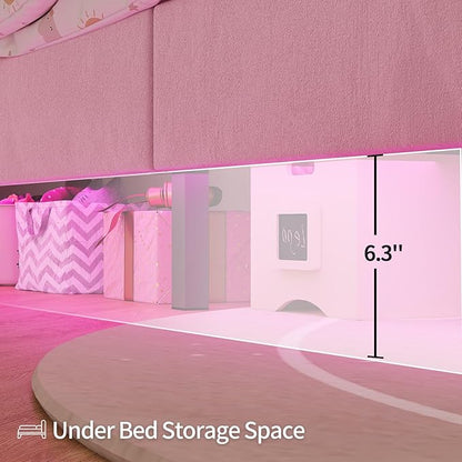 Twin Bed Frames with Storage Headboard,Power Outlet, LED Lights,Velvet Upholstered Platform Bed Twin for Kids, Pink Bed Frame with 5 Storage Shelves for Girls, No Box Spring Needed, Pink