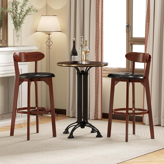 COSTWAY Bar Stool Set of 2, 30.5'' Bar Height Barstools w/Curved Backrest, Faux Leather Cushion & Rubber Wood Frame, Mid Century Modern Island Chairs for Kitchen Bar Cafe, Walnut