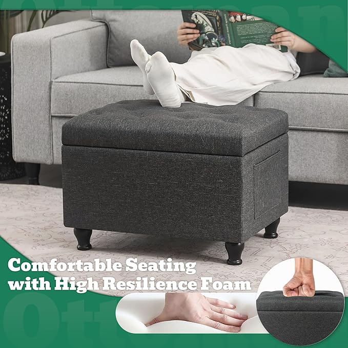 Ottoman with Storage 24'' Storage Ottomans Linen Fabric Ottoman Footstools Small Upholstered Foot Rest Stool for Couch, Living Room, Bedroom, Entrance Shoe Bench Dark Grey