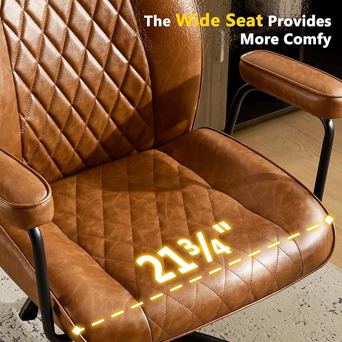 Leather Home Office Desk Chairs, Comfy Office Chair, Mid Century Modern Office Chair with Lumbar Support, Mid-Back Adjustable Swivel Computer Chair with Wheels and Arms, Brown