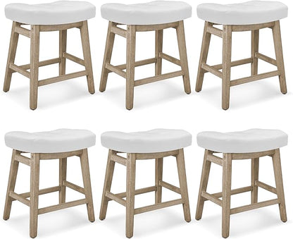 Counter Height White Bar Stools Set of 6 for Kitchen Counter Farmhouse Modern Barstools with Faux Leather Upholstered Backless Seat and Solid Wood Legs 24 inch Bar Chairs, White + Wood Color