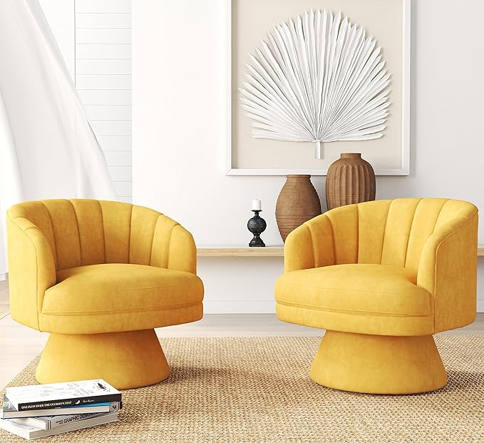 Swivel Accent Chair Set of 2,Upholstered Velvet 360° Swivel Barrel Chair for Living Room Overstuffed Bouncle Reading Chair Round Armchair for Bedroom,Vanity,Office (Mustard)