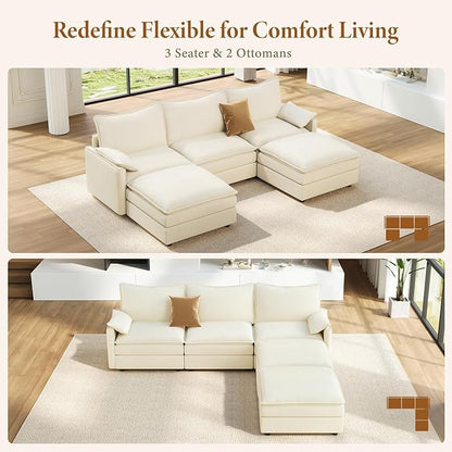 Vesgantti 108" U Shaped Sectional Couch, Comfy Cloud Modular Sectional Sofa with 2 Ottoman Deep Seat Chenille Modern Cloud Sofa, Modular Sofas for Living Room, Bedroom and Apartment, Creamy Beige