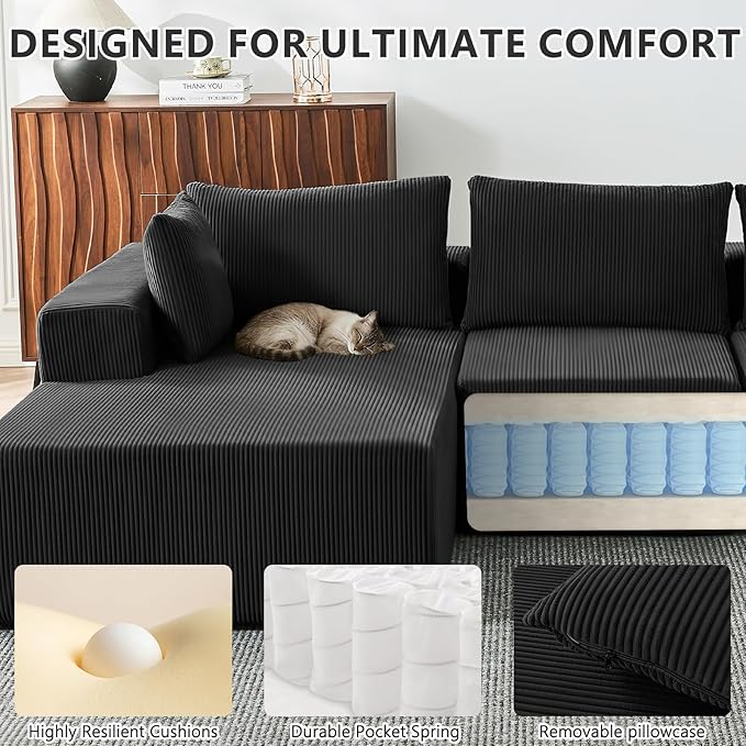 109" Cloud Sectional Couch, Boneless Couches for Living Room, Modular Sectional Sofa with Deep Seat, L-Shape Couch with Chaise, Comfy Corduroy Fluffy Modern Modular Sofa, No Assembly Required, Black