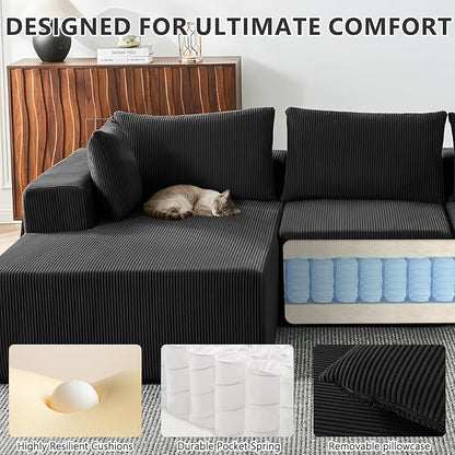 109" Cloud Sectional Couch, Boneless Couches for Living Room, Modular Sectional Sofa with Deep Seat, L-Shape Couch with Chaise, Comfy Corduroy Fluffy Modern Modular Sofa, No Assembly Required, Black