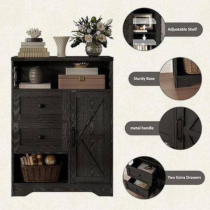 Fameill Farmhouse Storage Cabinet with 2 Drawers & Shelves,Freestanding Kitchen Cabinet with Doors,Floor Storage Organization for Living Room,Bathroom,Laundry,Black