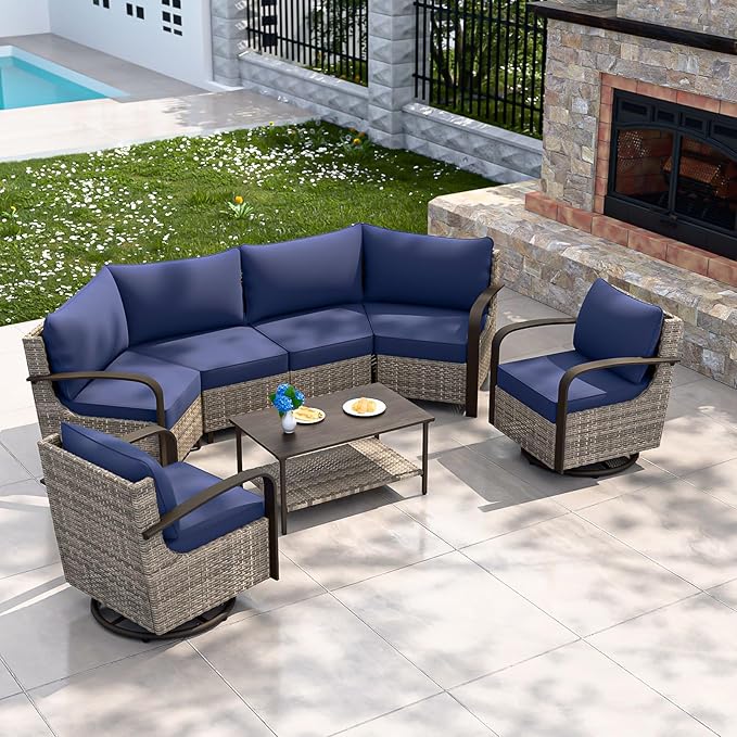 COOS BAY Aurora Terrace Half-Moon Outdoor Furniture Set, Rattan Conversation Set with Swivel Rockers, Curved 4-Seat Sofa, Coffee Table, Seats 6, Beige/Blue