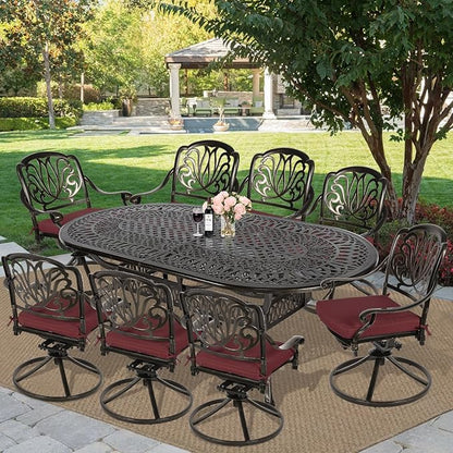 MEETWARM 9-Piece Outdoor Patio Dining Set, All-Weather Cast Aluminum Patio Conversation Set for Backyard Garden Deck with 8 Cushioned Swivel Rocker Chairs, 1 Oval Table, 2" Umbrella Hole, Chili Red