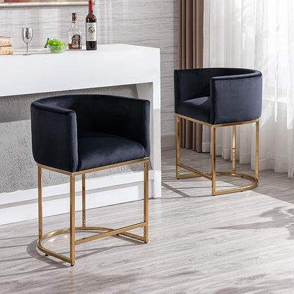 Contemporary Black Velvet Bar Stool, 24" Upholstered Fabric Counter Height Barstool Kitchen Counter Island Stool with Screwed Together Golden Metal Base