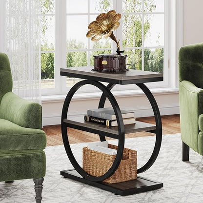 LITTLE TREE 3-Tier End Table, Grey Side End Table with Storage Shelves, Small Sofa Side Table for Living Room, Slim Nightstand and Bedside Table with Black Double Round Metal Legs