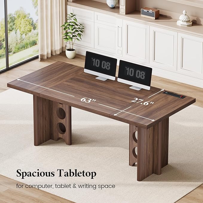 63 Inch Executive Desk, Large Computer Office Desks with Power Outlet, Modern Laptop Desk Writing Table Workstation Business Furniture (Brown)