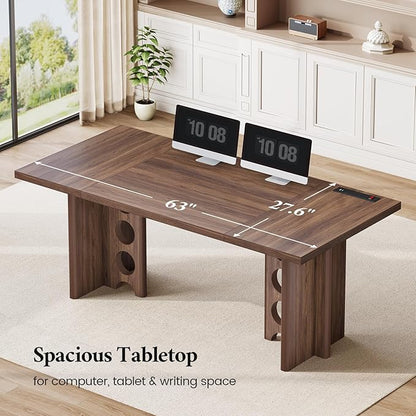 63 Inch Executive Desk, Large Computer Office Desks with Power Outlet, Modern Laptop Desk Writing Table Workstation Business Furniture (Brown)