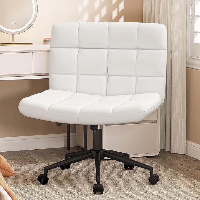 Furnimart Criss Cross Desk Char Wide Seat with Wheels, 360° Swivel Cross Legged Desk Chair Thick Cushion, Comfy Armless Home Office Chair for Bedroom, Vanity, Sturdy (Faux Leather White)