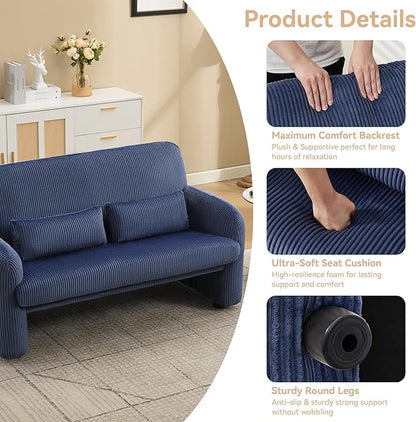 56'' Corduroy Loveseat Sofa, 2 Seater Love Seat Couch for Small Space, Comfy Upholstered Modern Leisure Loveseat Couches with Lumbar Pillows for Bedroom, Office, Living Room, Blue