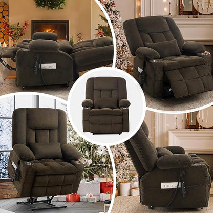 ABCASA Oversized Dual Motor Lay Flat Power Lift Recliner Chair, Massage Recliner with Heat for Living Room, Lumbar Pillow, USB & Type-C Ports, Oversized Recliner for Elderly & Big People - Brown
