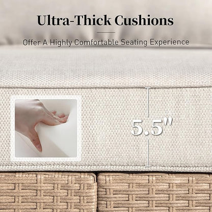 Patio Furniture Set 6 pcs, Wicker Rattan Sofa with 5.5" Thick Waterproof Cushions, 4 Chairs and Coffee Table, All Weather Outdoor Conversation Set for Backyard Deck, 7 Seats Beige