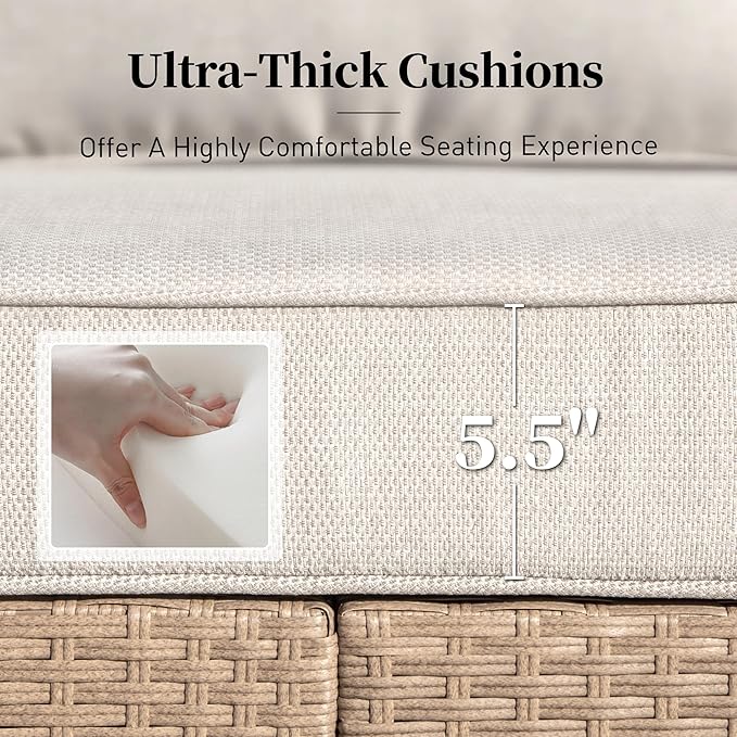 Patio Furniture Set 5 pcs, Wicker Rattan Sofa with 5.5" Thick Waterproof Cushions, 2 Chairs and Ottomans, All Weather Outdoor Conversation Set for Backyard Deck, 7 Seats Beige