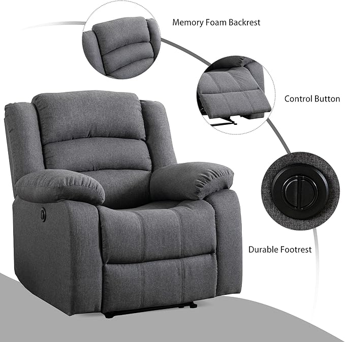 EBELLO Classic Power Recliner Chair, Oversized Electric Overstuffed Chair with Thicked Cushion and Back, Single Sofa with Comfortable Armchair, Gray, 2Pcs
